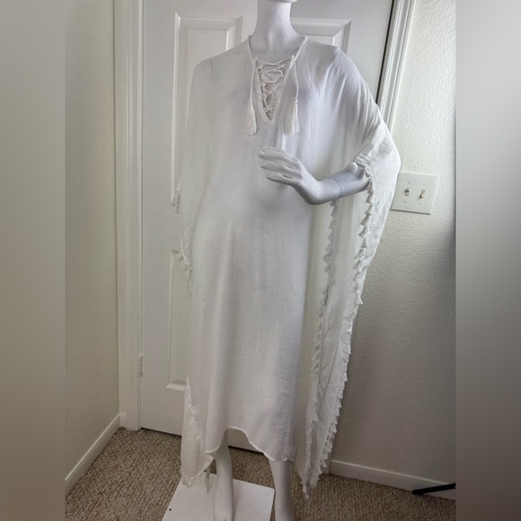 Walter Baker Cover Up One Size White Acapulco Kaftan Maxi Dress Tassels #186 - Picture 3 of 14